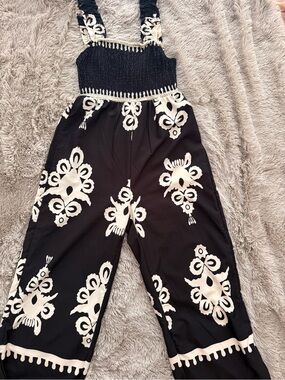 SHEIN Black & White Floral Smocked Jumpsuit